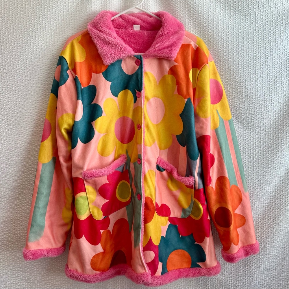 Funky 60’s vibe Floral Fleece Coat in Pink & Multicolor fun. XXL Reversible Too